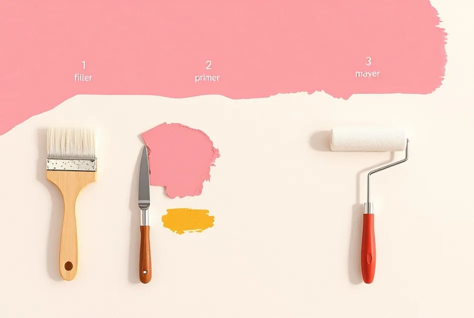 Outils de peinture disposés dans l'ordre des étapes du chantier