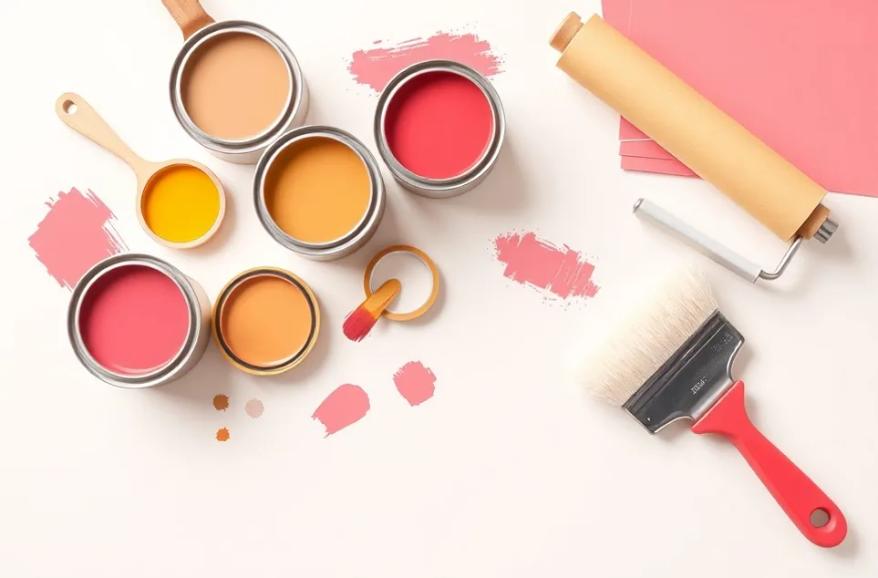 Pots de peinture, nuancier, brosses et rouleaux disposés à plat