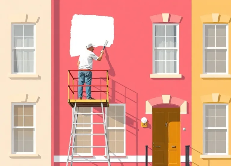 Peintre sur échafaudage traitant la façade d'une maison