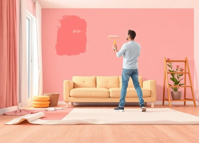 Peintre appliquant la peinture au rouleau sur un mur de salon
